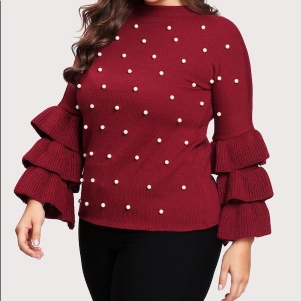 New Pearl Embellished Ruffle Sleeve Sweater